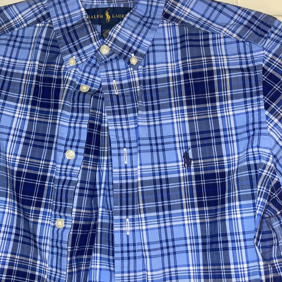 Ralph Lauren Boys Large 14-16 long sleeve button down shirt. Blue plaid. - Picture 3 of 5